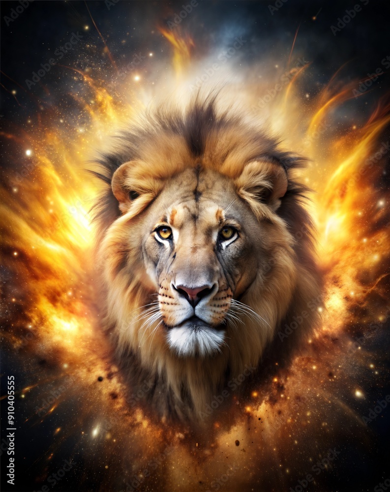 Majestic Lion Surrounded by Fiery Explosion in a Cosmic Background at Twilight. Generative AI Majestic Lion Surrounded by Fiery Explosion in a Cosmic Background at Twilight. Generative AI