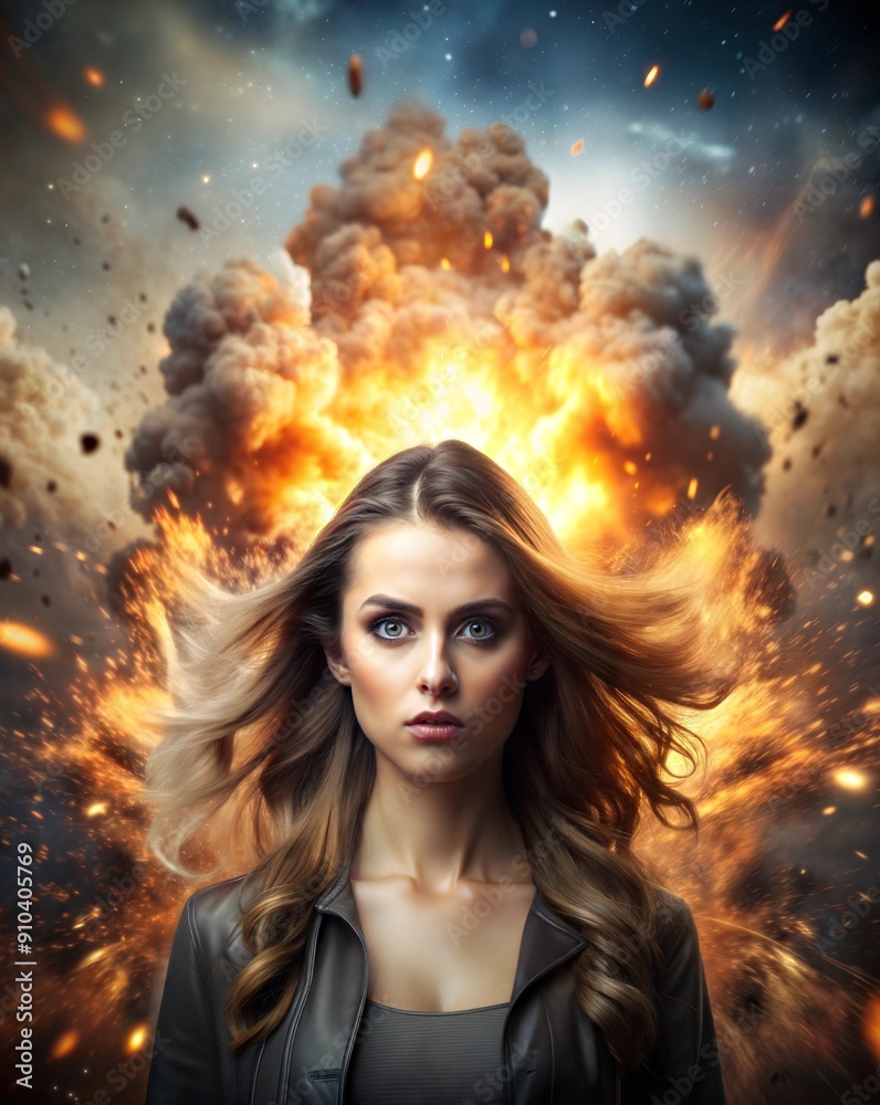 Dramatic Explosion Behind Confident Woman With Flowing Hair in An Urban Setting. Generative AI Dramatic Explosion Behind Confident Woman With Flowing Hair in An Urban Setting. Generative AI