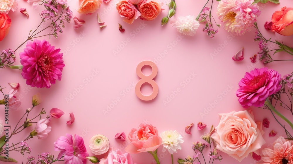 A frame of flowers on a pink background with the number 8 in the middle. Women's Day. AI generative. A frame of flowers on a pink background with the number 8 in the middle. Women's Day. AI generative.