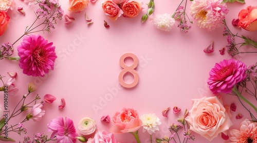 A frame of flowers on a pink background with the number 8 in the middle. Women's Day. AI generative.