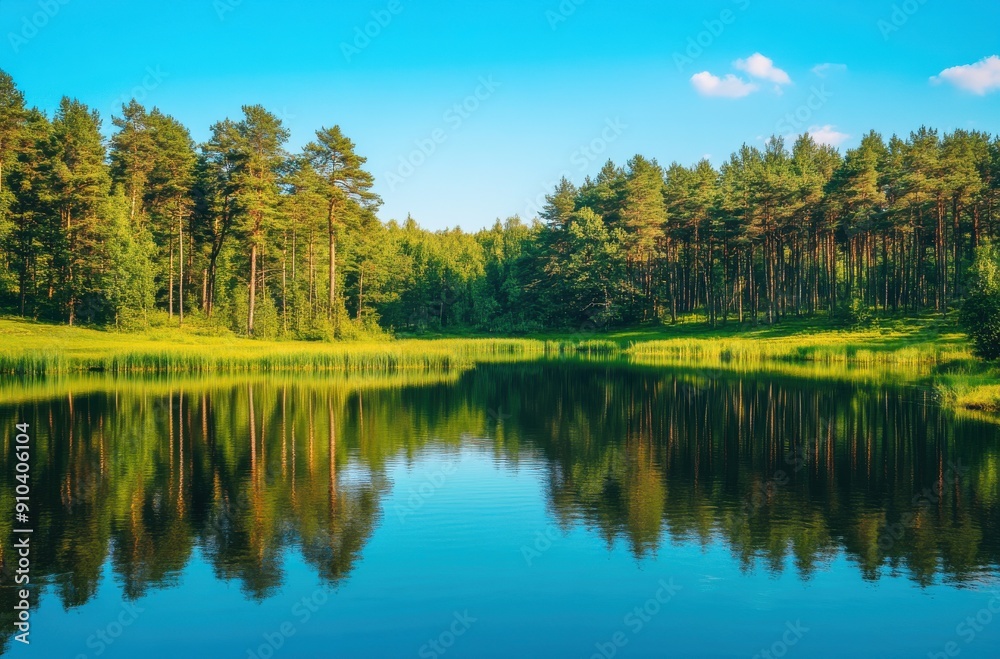In the foreground is an isolated pine forest, in which there is only one tall tree on its right side In the foreground is an isolated pine forest, in which there is only one tall tree on its right side
