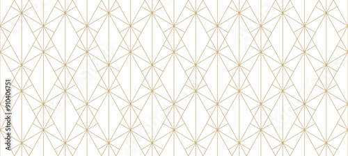 Golden line pattern. Vector geometric seamless texture. Gold and white ornament with delicate grid, thin lines, outline lattice, net, triangles. Luxury abstract art deco background. Repeated design