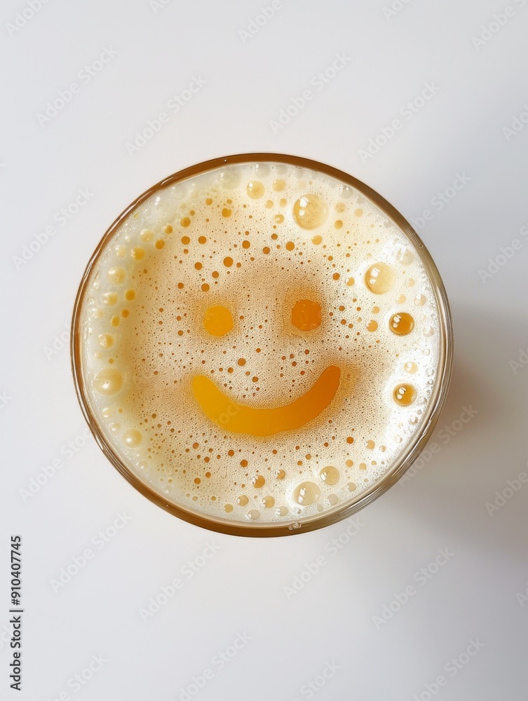Top view of a glass of beer with foam in the shape of a smile emoji Top view of a glass of beer with foam in the shape of a smile emoji