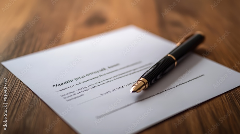 Contract laid out on a wooden table, with a signature line visible Contract laid out on a wooden table, with a signature line visible