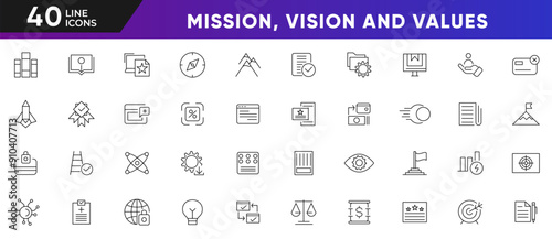 Mission, vision, and values line icon set. Power, Quality, Reliability, Respect, Responsibility, Safety, Simplicity, Stability, Success, Teamwork outline icon collection. UI thin line icon pack.