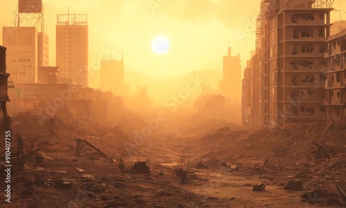Eerie Pan of Sunlit Post-Apocalyptic City Ruins