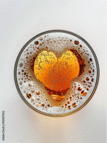 Top view of a glass of beer with foam in the shape of a heart photo