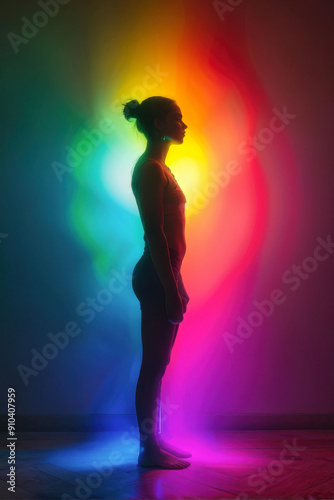 A human silhouette is enveloped in a radiant aura, with vibrant chakras illuminating the energy centers. A powerful representation of spiritual awakening and inner balance. generative AI