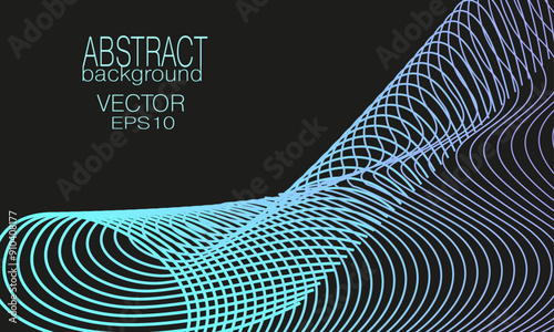 Neon aquamarine colored net pattern. Abstract line art design. Glowing subtle squiggle curves. Black background. Soft cyan, violet gradient. Vector futuristic template for banner, gift card. Ai fomat