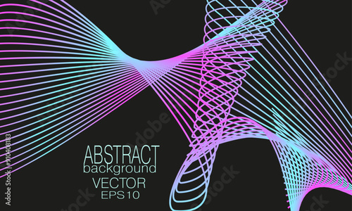 Neon cyan, magenta net pattern. Abstract line art design. Glowing thin squiggle curves. Black background. Futuristic concept. Vector technology template for banner, gift card, flyer. Ai format