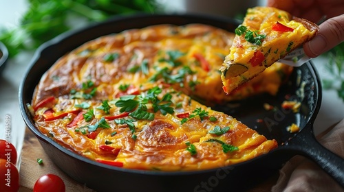 Colorful vegetable frittata cooked in a cast iron skillet, garnished with fresh herbs. The frittata is loaded with vegetables and looks fresh and appetizing. photo