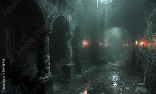 Eerie Gothic Dungeon Corridor with Flickering Torches, Wide Shot