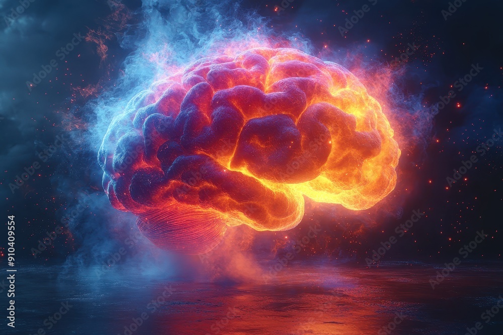 3D Render of a Colorful Brain Explosion on Dark Background - Concept Art Symbolizing Creativity and Innovation, Hyper Realistic with Cinematic Lighting
