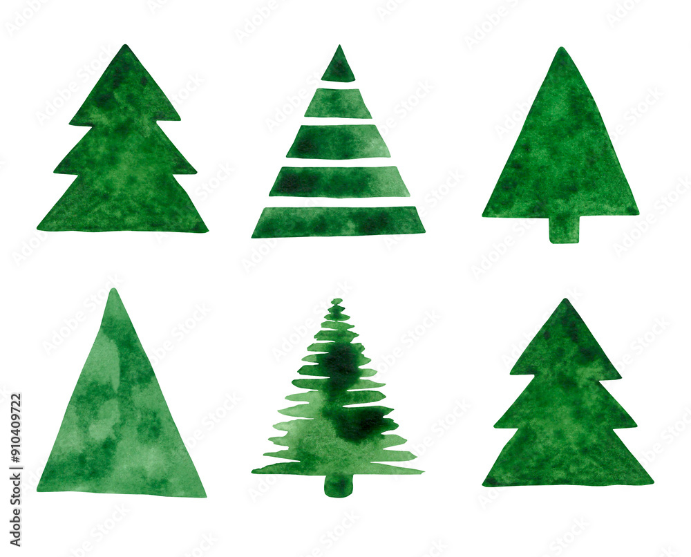 Obraz premium Illustration with small naive Christmas trees, hand-drawn with watercolors. Christmas illustration. Ideal for a postcard and any thematic designs. Minimalistic drawing for Christmas and New Year.