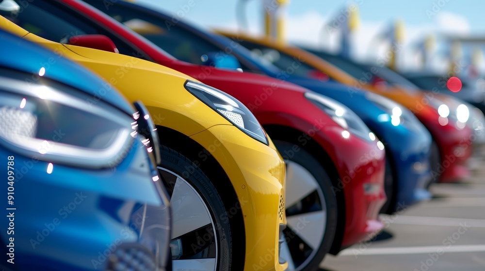 Row of Colorful Electric Cars in Parking Lot Row of Colorful Electric Cars in Parking Lot