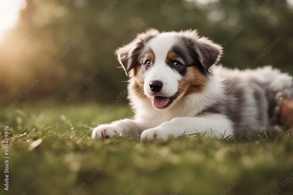 happy outdoors australian lying shepherd mini puppy miniature portrait dog beautiful cute summer white animal domestic pet nature blue young happy1 view looking eye canino fluffy adorable mammal
