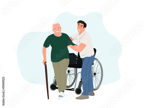 Nurse and old man in wheelchair.