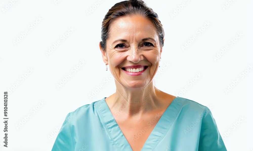 Smiling medical doctor woman with blue scrubs on white background. Smiling medical doctor woman with blue scrubs on white background.