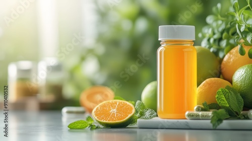 Orange Supplement Bottle with Citrus Fruits