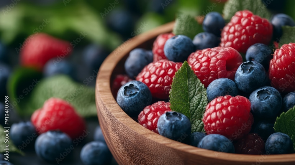 Fresh Raspberries and Blueberries in Wooden Bowl Fresh Raspberries and Blueberries in Wooden Bowl
