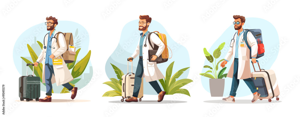 Naklejka premium Paramedic voyage cartoon vector scenes. Doctor man medic beard gentleman stethoscope male white coat luggage backpack walking journey character leaves pot stems trip travel plane isolated concepts