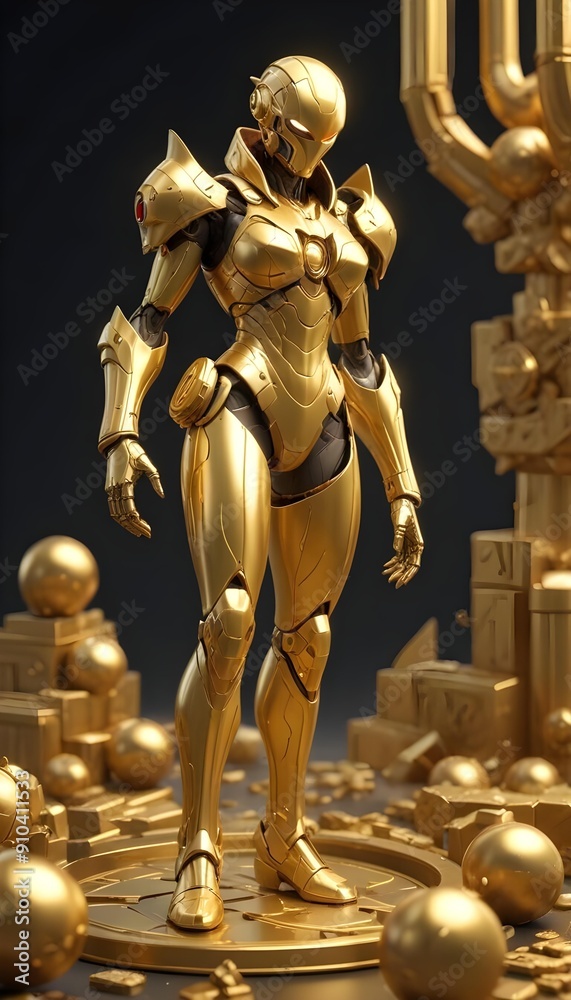 Fototapeta premium A golden, futuristic humanoid figure standing in a surreal, abstract environment with geometric shapes and forms