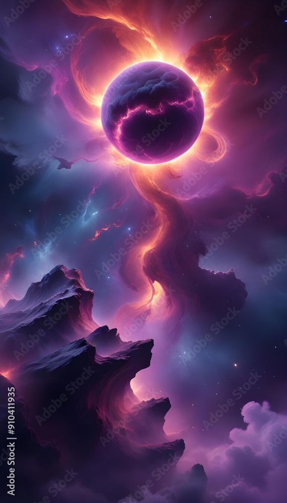 Obraz premium A dramatic cosmic landscape with swirling clouds of vibrant purple, pink, and orange hues. A large, glowing celestial body dominates the center of the frame,