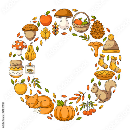 Autumn round frame with space for text in the middle. Cozy seasonal fall elements, food, clothes and animals. Vector flat illustration for greeting card, postcard, invitation, social media, poster