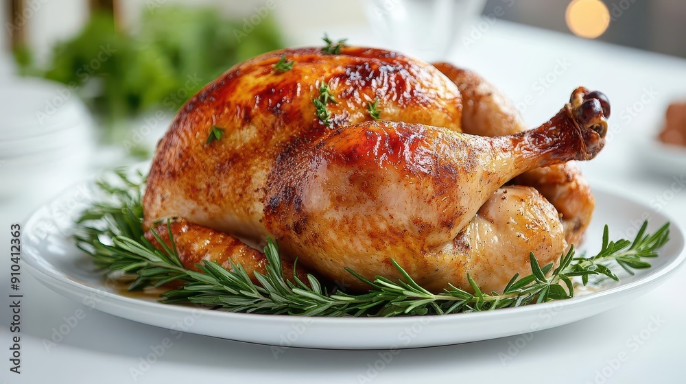 gourmet roast chicken goldenbrown crispy skin herb garnish white ceramic plate clean bright background food photography gourmet roast chicken goldenbrown crispy skin herb garnish white ceramic plate clean bright background food photography