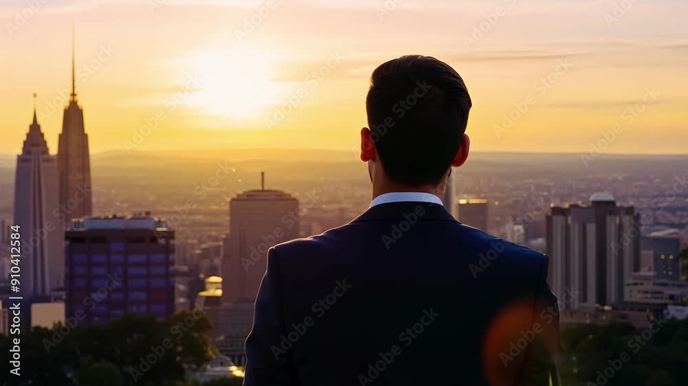 A suited individual stands on a rooftop, captivated by the stunning sunset illuminating the skyline, blending hues of orange, pink, and purple as day turns to night. A suited individual stands on a rooftop, captivated by the stunning sunset illuminating the skyline, blending hues of orange, pink, and purple as day turns to night.