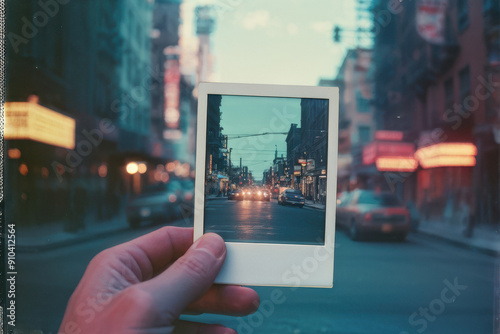  hand proudly displays a freshly taken Polaroid photo against a bustling street scene backdrop, evoking a sense of nostalgia and wonder. generative AI photo