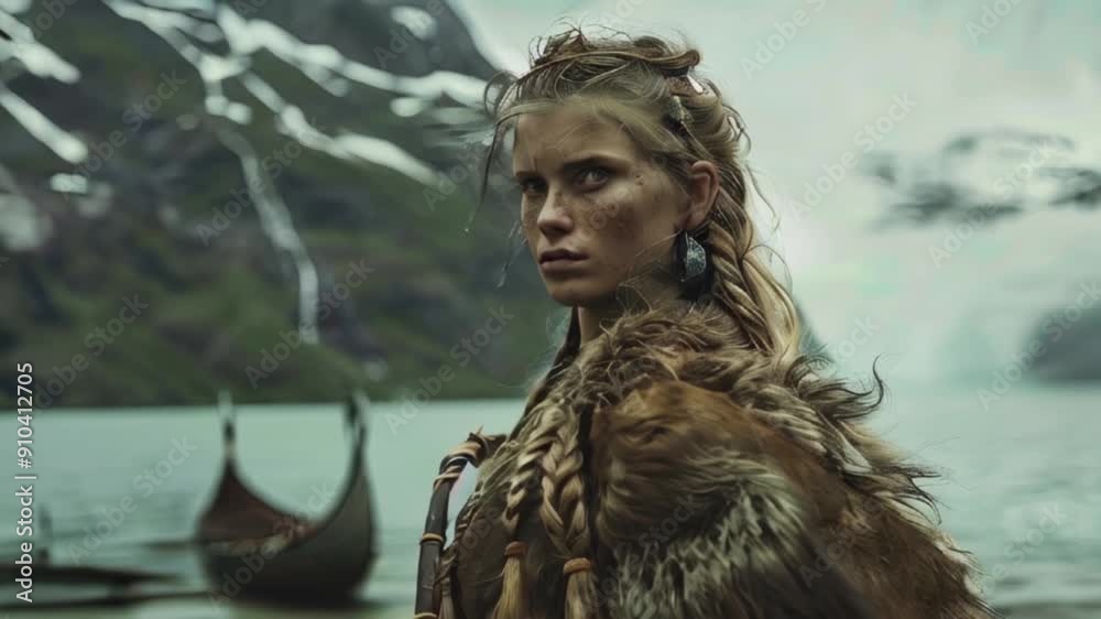 A fierce Viking woman with braided hair and fur clothing stands by a fjord with mountains and a longboat in the background