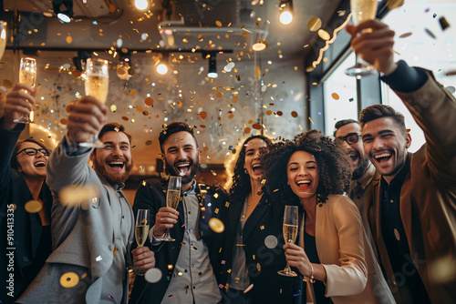 Happy diverse working team having fun at office party photo