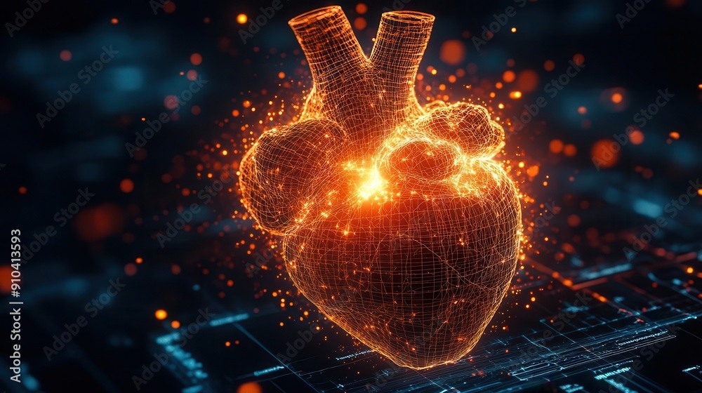 hyperrealistic 3d wireframe model of a beating human heart pulsing with glowing energy and surrounded by holographic medical data hyperrealistic 3d wireframe model of a beating human heart pulsing with glowing energy and surrounded by holographic medical data