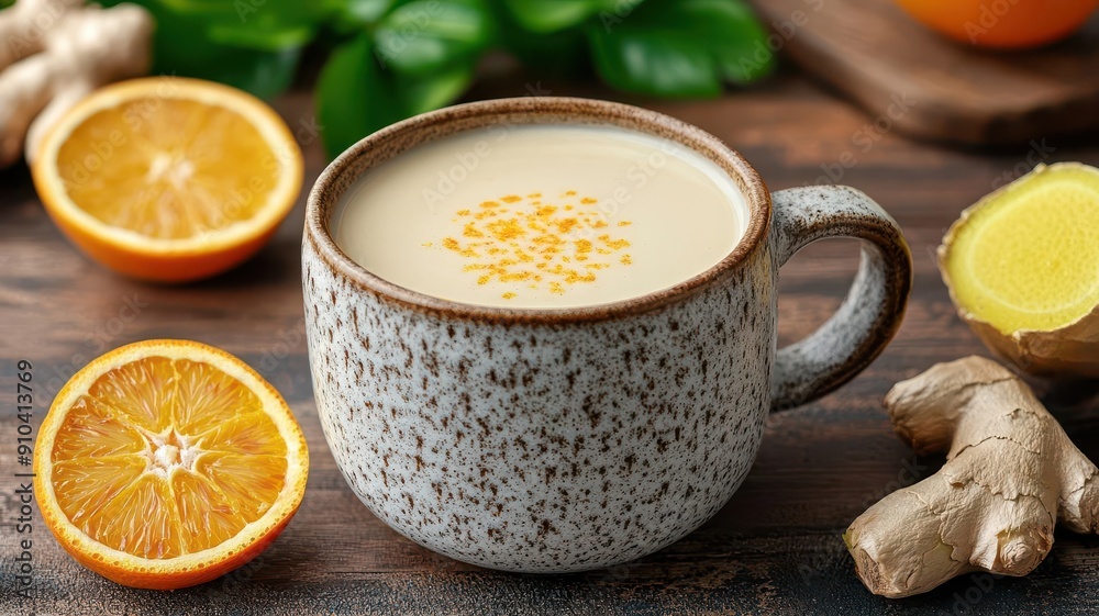 Creamy soy milk with a hint of ginger and orange peel, warming and refreshing, in a rustic ceramic mug Creamy soy milk with a hint of ginger and orange peel, warming and refreshing, in a rustic ceramic mug