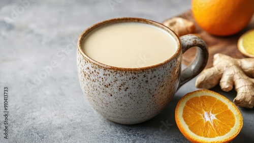 Creamy soy milk with a hint of ginger and orange peel, warming and refreshing, in a rustic ceramic mug photo