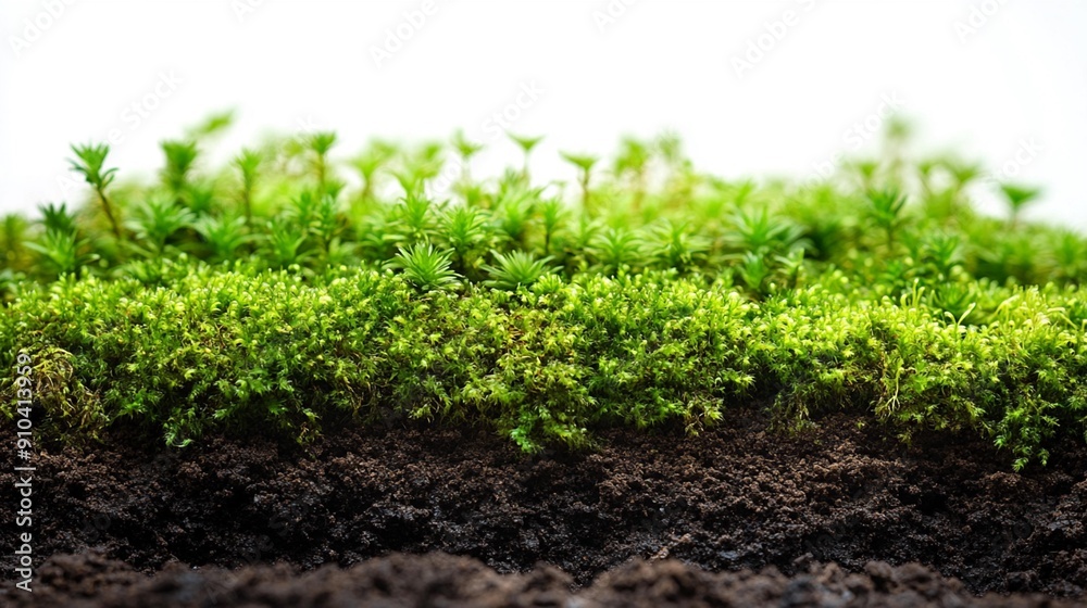Detailed view of green moss growing on soil and dirt pile isolated on white background, highlighting natural textures and vibrant green color, great for ecological and landscaping themes, Generative A Detailed view of green moss growing on soil and dirt pile isolated on white background, highlighting natural textures and vibrant green color, great for ecological and landscaping themes, Generative A