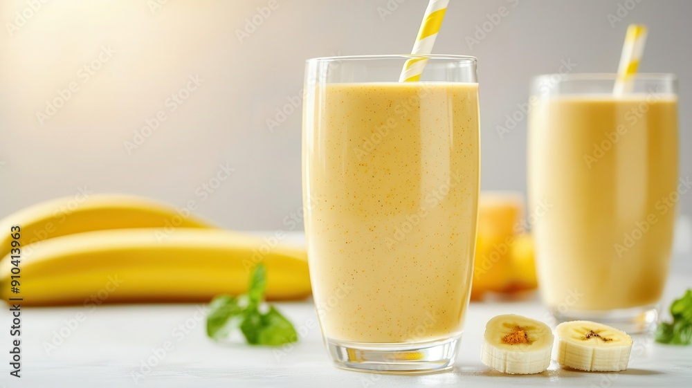Soy milk and banana smoothie with a dash of turmeric, vibrant and energizing, in a clear glass with sunlight backdrop Soy milk and banana smoothie with a dash of turmeric, vibrant and energizing, in a clear glass with sunlight backdrop