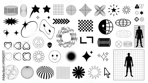 Large collection of retro futuristic y2k geometry design elements. 3d shapes, wireframes, cyberpunk and acid elements