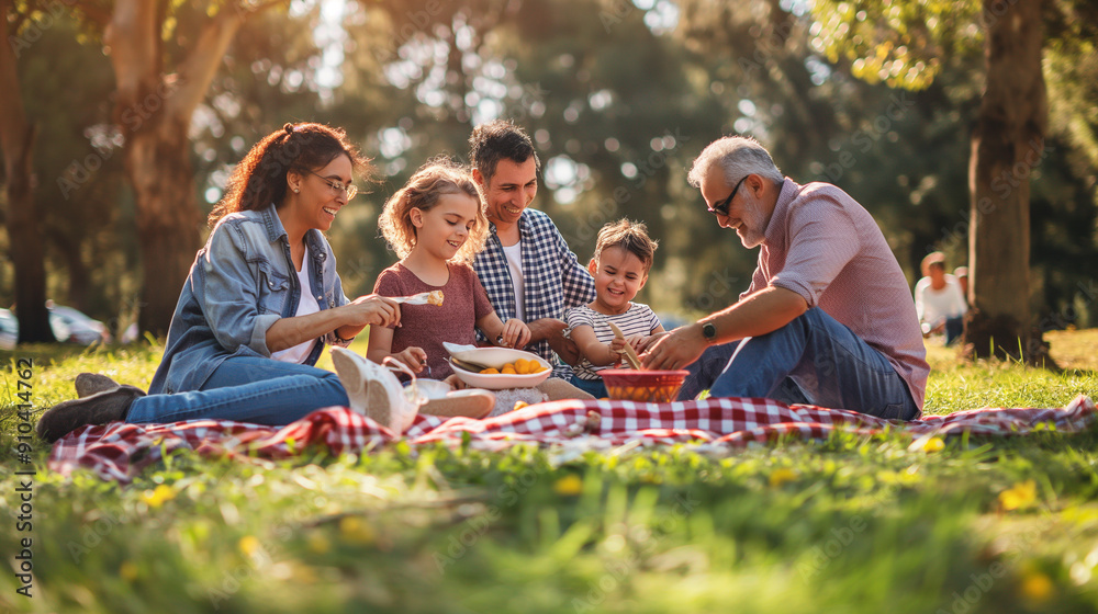 A family of five is enjoying a picnic in a park A family of five is enjoying a picnic in a park