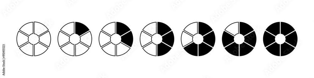 Circle division infographic loading icon. Pie chart divided six equal parts. Pizza or donut round diagram. Infographic circular wheel fraction. Vector illustration isolated on white background. Circle division infographic loading icon. Pie chart divided six equal parts. Pizza or donut round diagram. Infographic circular wheel fraction. Vector illustration isolated on white background.