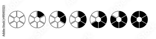 Circle division infographic loading icon. Pie chart divided six equal parts. Pizza or donut round diagram. Infographic circular wheel fraction. Vector illustration isolated on white background.