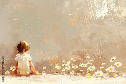 An artistic rendering of a child sitting in a field, with daisies scattered around, depicted in soft pastel tones with an abstract, dreamlike background