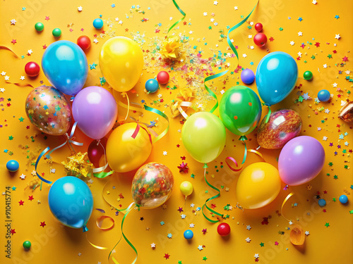 Vibrant yellow background adorned with colorful balloons, ribbons, and confetti, creating a festive atmosphere for a birthday celebration, with a joyful and playful tone. photo