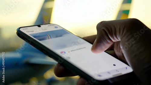 A traveler scrolls through social media on their smartphone, enjoying the vibrant sunset from their window seat as planes soar above.