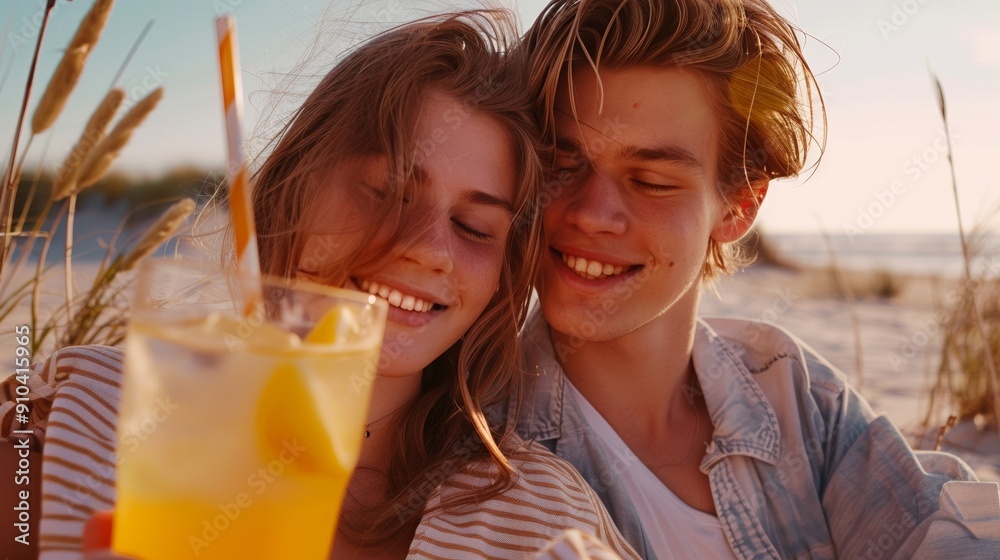 Cheerful moment: couple with lemonade by the sea Cheerful moment: couple with lemonade by the sea