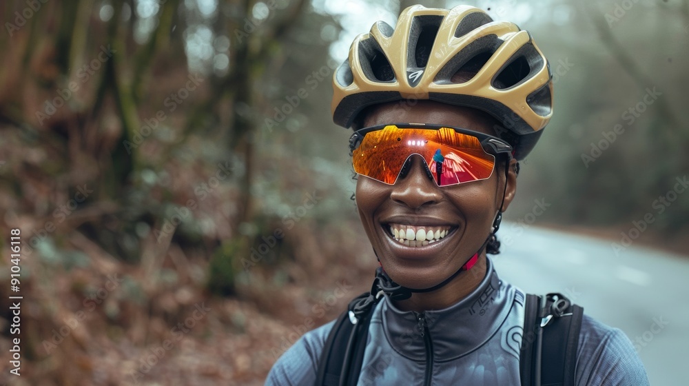 Happy woman biking along mountain roads Happy woman biking along mountain roads
