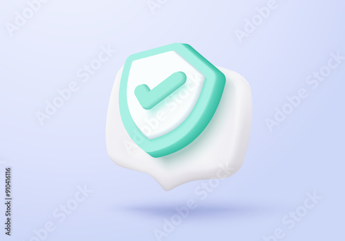 3D shield protection icon with check mark for online payment safety concept. Check mark, correct in minimalist style. 3d quality guarantee icon vector render illustration