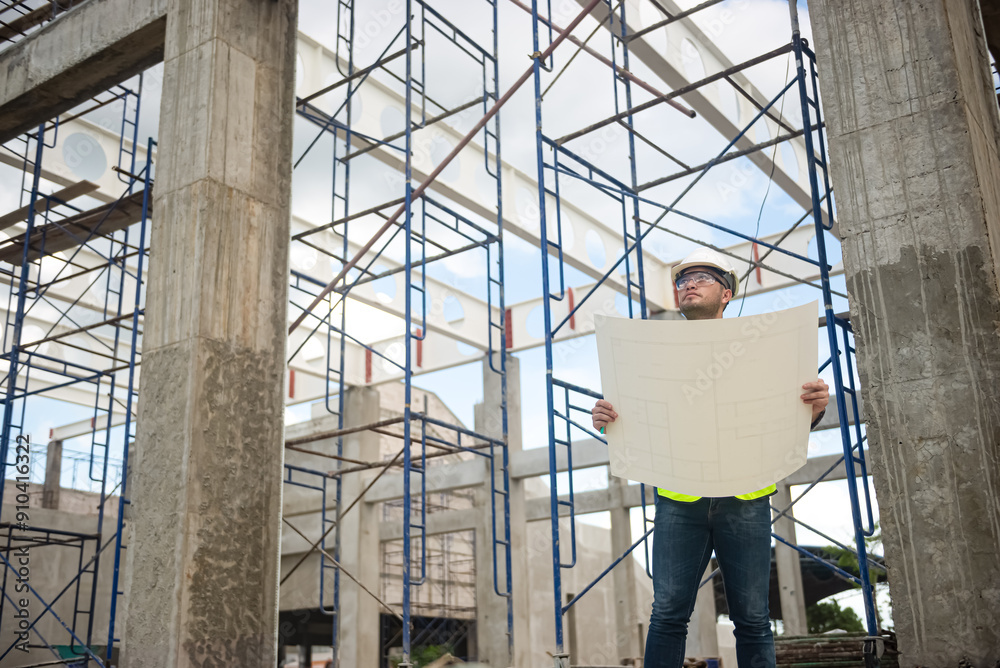 Architect is checking the progress of the building project and checking the accuracy of the building structure. Architect is checking the progress of the building project and checking the accuracy of the building structure.