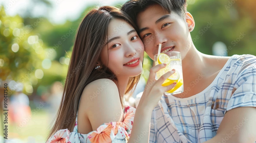Summer delight: young couple with lemonade against a beach backdrop